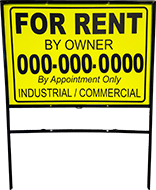 An aluminum 'for rent' sign displayed in a metal banjo frame