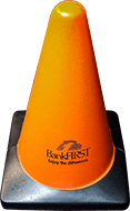 An orange, squishy stress reliever in the shape of a safety cone